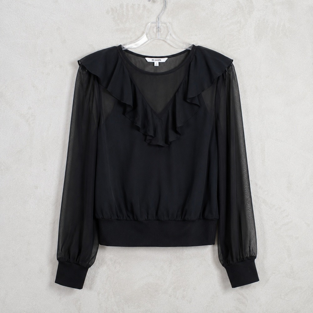 Bar III Blouse Womens Medium Deep Black Ruffle Trim Long Sleeve Sheer Top Career